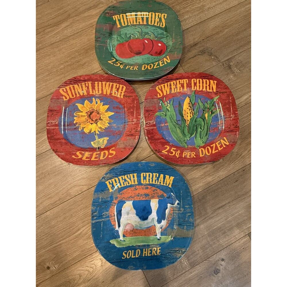 Melamine Square Plates Garden Sunflower Fresh Cream Tomatoes Sweet Corn (10)‎